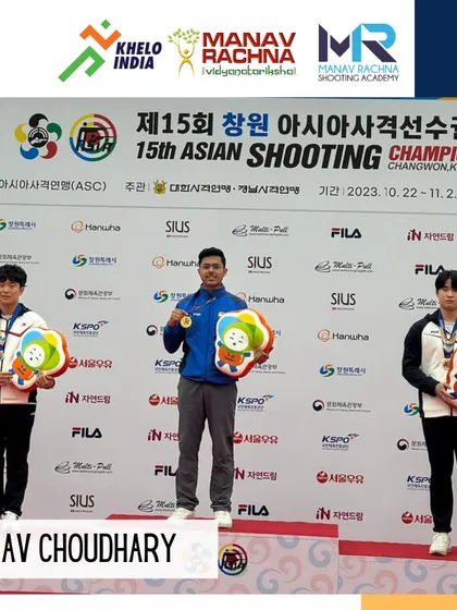 The podium moment for our champion. Abhinav Choudhary stands tall with his Gold Medal at the 15th Asian Shooting Championship, a proud achievement for him and our academy.