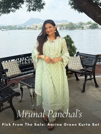 Influencer Mrunal Panchal looking so fresh in my Aarina Green Kurta Set. The pastel green and white lace are perfect for a daytime event.