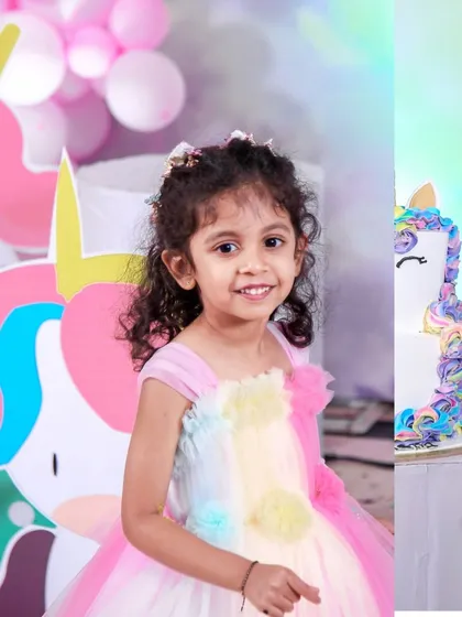 A split image showing a portrait of the birthday girl next to her amazing unicorn cake.