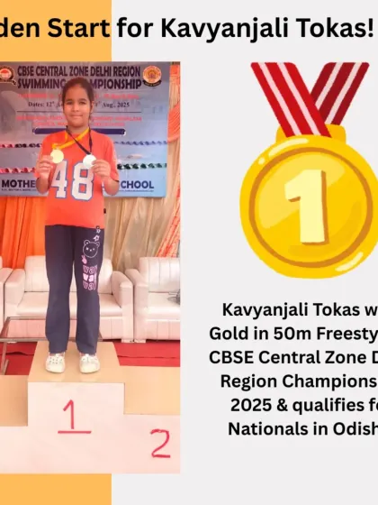 A golden start for Kavyanjali Tokas at the CBSE Central Zone Delhi Region Championship. She stands proudly on the podium after winning the 50m Freestyle, securing her spot at the Nationals.