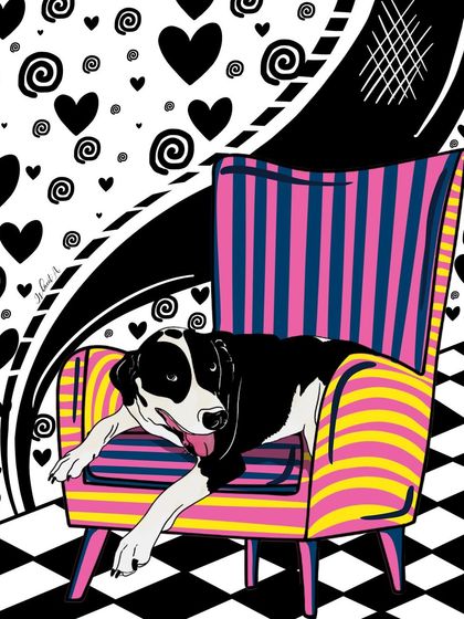 A playful pup relaxing on a brightly patterned chair. This custom dog portrait combines a love for pets with bold, fun graphic elements.