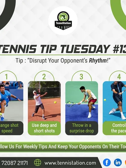 Tennis Tip Tuesday: Disrupt your opponent's rhythm. We teach you to change shot speed, use a mix of deep and short shots, throw in a surprise drop shot, and control the pace of the game.