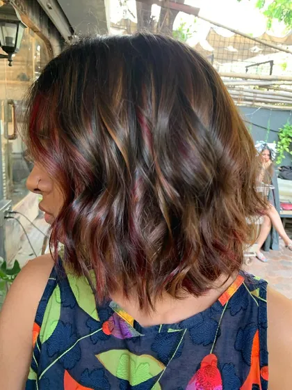 Be bold, not basic. A captivating mix of wine, copper, and slivers of blonde on a short bob. This is a non-bleach color.