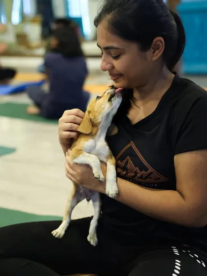 A tiny puppy licks the chin of a smiling participant during a yoga session. It's these simple acts of affection that help socialize the pups and remind us why this work is so important.