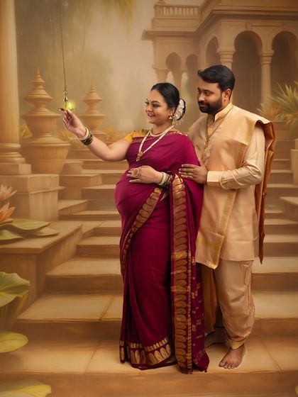 A couple's portrait set against a palatial backdrop. The mother-to-be lights a traditional lamp, symbolizing the light and life she is bringing into the world.