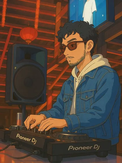 A stylized portrait of me at the decks, capturing the mood of a late-night set with warm, ambient lighting.