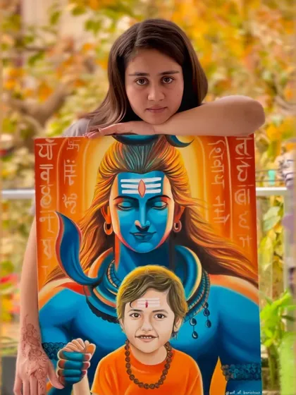 A custom oil painting combining a portrait of a child with the divine presence of Lord Shiva.