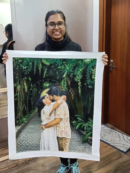 Here I am with the large, un-stretched canvas of the kissing couple, ready for shipping.