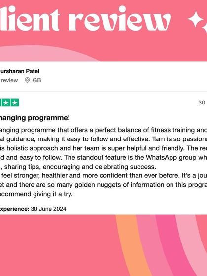 A 5-star review from Gursharan: "A life changing programme that offers a perfect balance of fitness training and nutritional guidance."