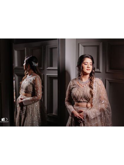 A beautiful diptych of the bride, capturing her thoughtful expression. The composition uses the doorway as a natural frame, adding depth and a sense of story to the portrait.