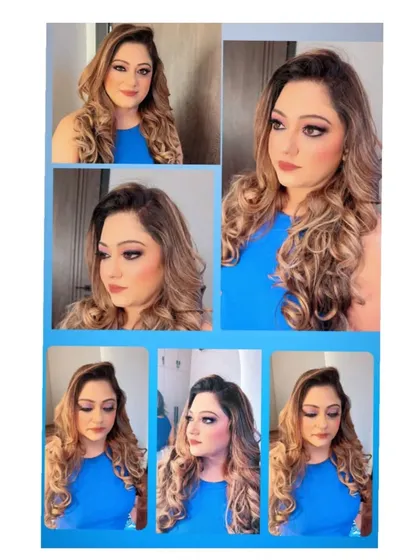 A collage showcasing a full glam makeup look from different angles. The focus is on the dramatic eyes, contoured cheeks, and voluminous curls.