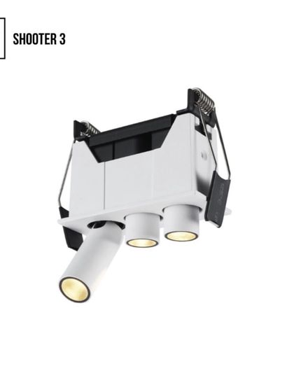 This is the Shooter 3, a more compact version of our multi-directional fixture. It offers the same flexibility as the Shooter 5, allowing you to illuminate in every direction from a single, recessed point.