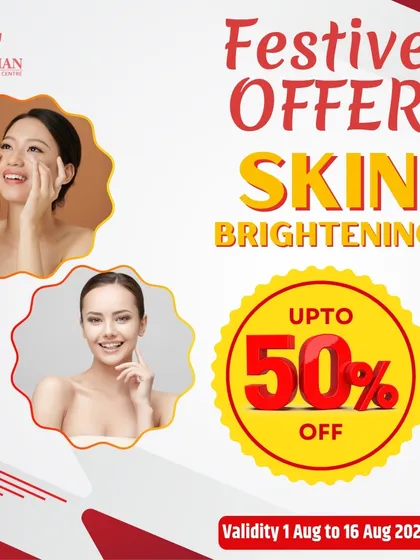This graphic announces a festive offer with up to 50% off on skin brightening treatments. It's a perfect chance to get radiant skin for the festive season.