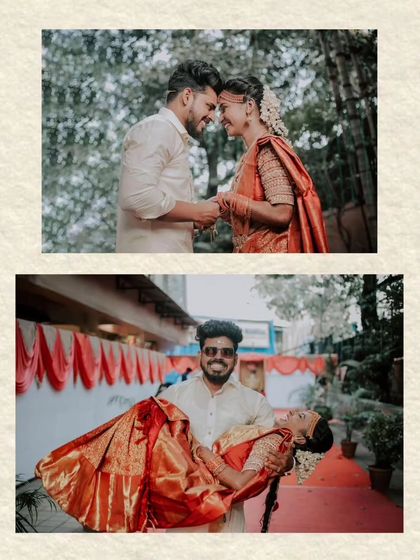 A collage of a South Indian couple, showing both a romantic, intimate portrait and a fun, playful moment. This highlights my ability to capture different facets of your relationship.