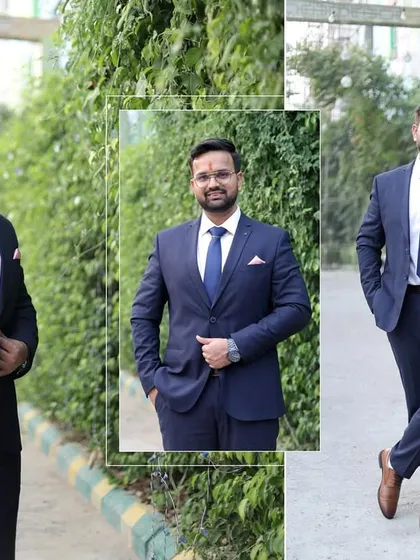 A collage of the groom looking sharp in his navy blue suit for his outdoor engagement photoshoot.