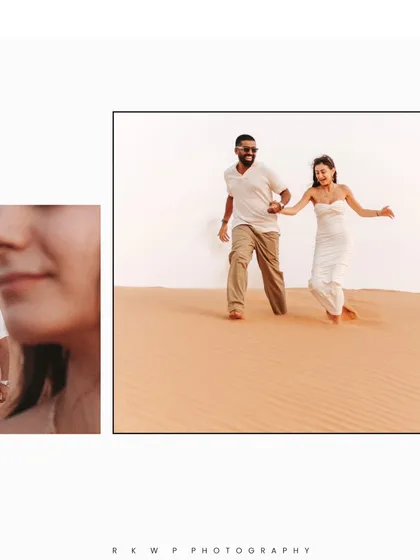 An artistic collage that pairs a close-up of the bride with a joyful, candid shot of the couple running, showcasing a mix of emotion and action.