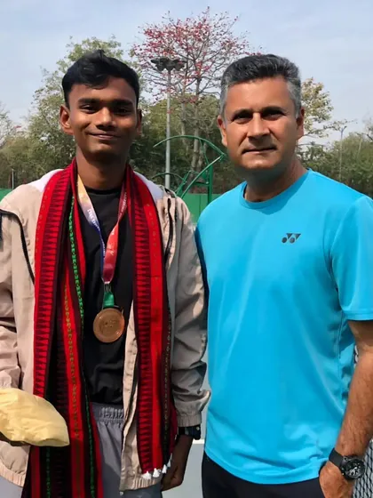 A proud moment for our player Sajal Kesarwani, pictured with me after winning a bronze medal at the Khelo India University Games.