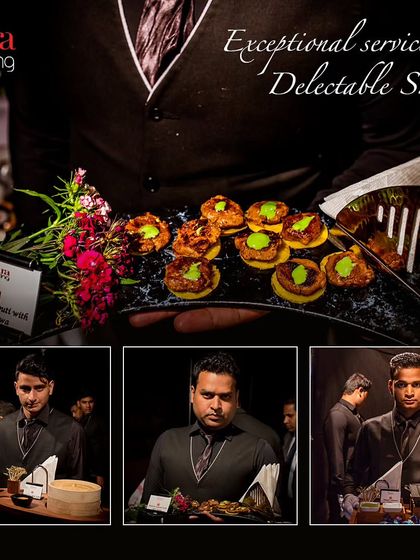 A collage showcasing our exceptional service and delectable snacks. Our team is always ready to serve with a smile, ensuring your guests are well taken care of.