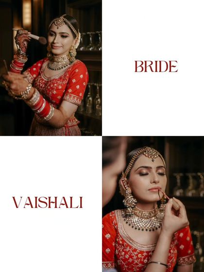A collage of Vaishali's getting-ready moments, capturing the final touches of makeup and her transformation into a bride.