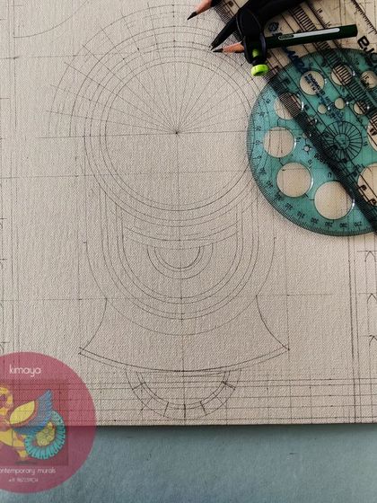 The beginning of a folksy Lord Jagannath painting. This sketch shows the geometric precision needed to create his iconic form.