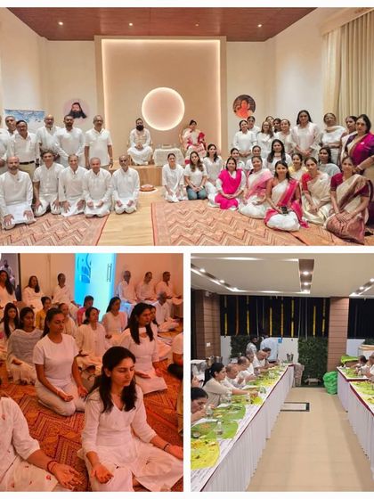 This collage shows the beautiful community aspect of our programs, including group meditation and sharing a meal (Annadanam). We believe spiritual growth is nurtured in a warm, communal environment.