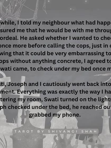 A student living alone feels a cold hand under her bed, only to later find a blurry picture of a pale hand in her phone's gallery.