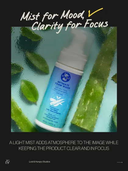 This shot for Yunme skincare demonstrates our approach to lifestyle products. We used a fine mist and fresh aloe ingredients to create an atmosphere of natural clarity, keeping the product in sharp focus while telling a story of freshness and purity.