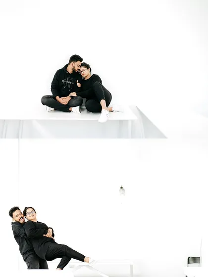 For a clean and modern aesthetic, a minimalist indoor shoot can be incredibly powerful. This high-key portrait series focuses entirely on the couple's interaction and emotion, using a simple white background for a timeless feel.