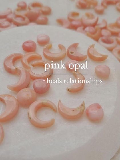 A closer look at the raw energy of love stones. These Pink Opal pieces, carved into moons and pebbles, are perfect for healing relationship problems and inviting peaceful, prosperous love.