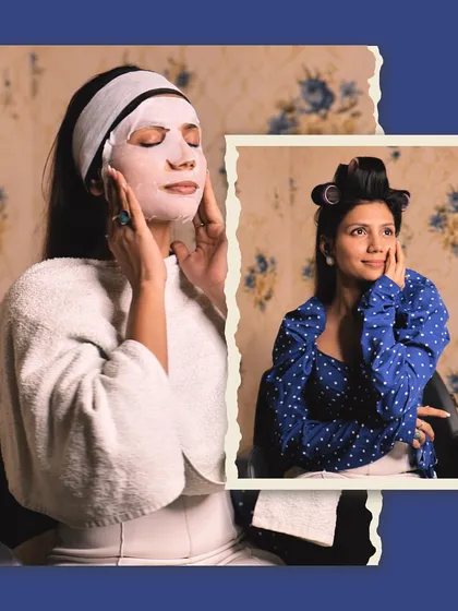 A collage showing different stages of a pampering session, including a facial mask and hair set in rollers, highlighting our range of beauty treatments.