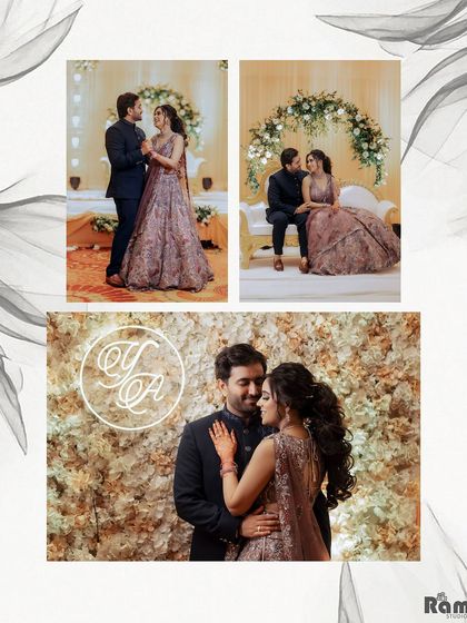 This collage from an engagement ceremony showcases the couple against different backdrops at their venue. The neon monogram adds a modern and personalized touch.