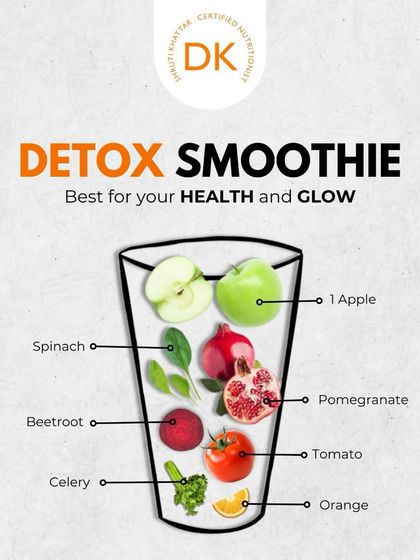 This detox smoothie is packed with ingredients for your health and glow. It contains apple, spinach, pomegranate, beetroot, and more to detoxify and improve circulation.