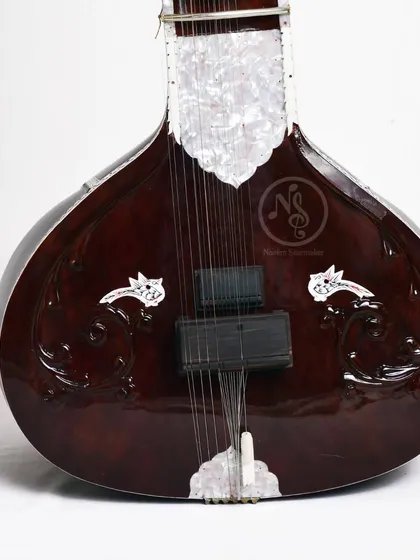 A front view of the tumba on an Ustad Vilayat Khan style sitar, complete with an electronic pickup. The simple bird motifs are a classic design element.