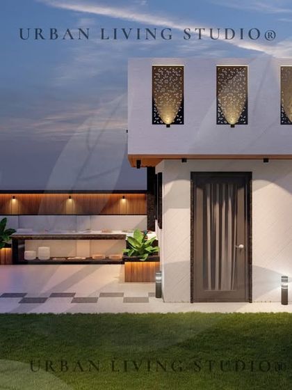 This design for the East Delhi project features an outdoor kitchen and barbecue area, with decorative jaali panels on the wall for an elegant touch.