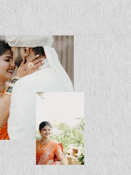 A collage that tells a story of intimacy and joy. It combines a close, loving moment between the couple with a beautiful solo portrait of the bride.