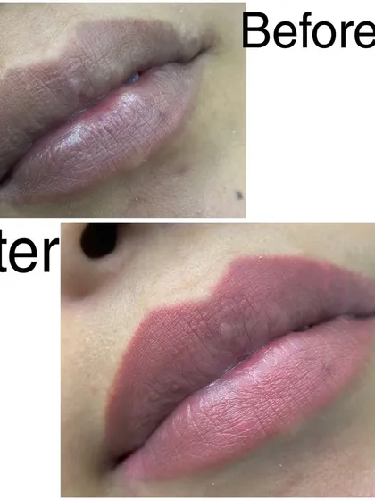 This is the healed result of a lip blush treatment after two sittings. The color settles into a gorgeous, soft tint that enhances the natural shape and makes the lips look fuller and more vibrant.