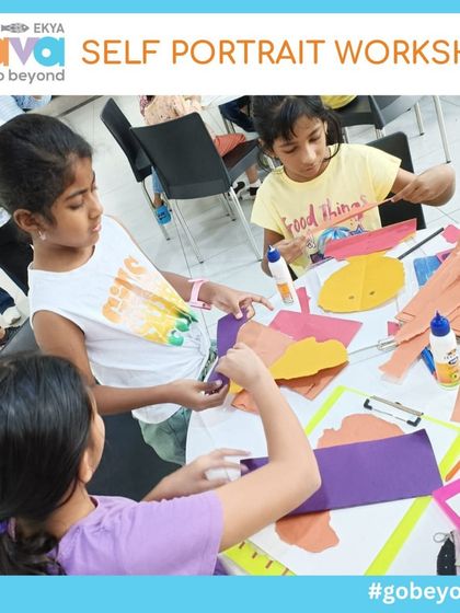 Students work together on a collage project during the Self-Portrait Workshop. This activity encourages them to experiment with different materials, textures, and colors to express their unique identities.