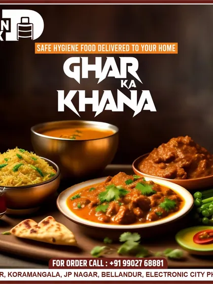 We deliver safe, hygienic, and delicious 'Ghar ka Khana' right to your event or office. This spread features a home-style non-vegetarian curry, fragrant rice, dal, and soft naan, capturing the essence of a comforting, well-cooked meal.