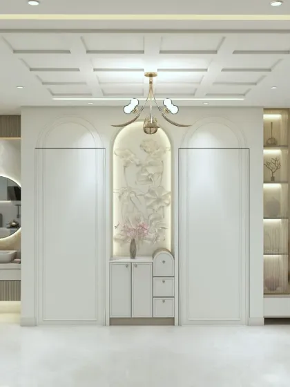 This area showcases a hidden storage unit with a stunning 3D floral mural, which doubles as a decorative feature. It's a perfect example of "sundar bhi, kaam ka bhi" (beautiful and functional).