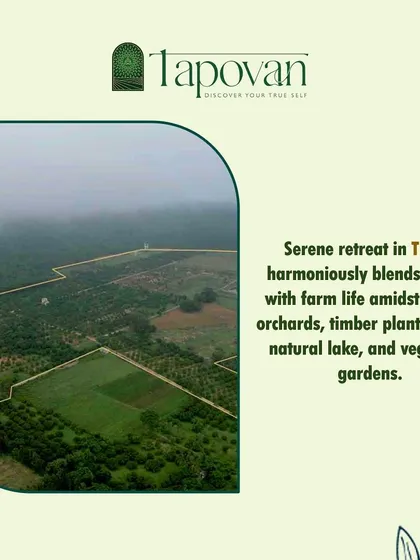 A repeated view of the Tapovan project in Thally, emphasizing its unique blend of agricultural features like mango orchards and timber plantations with luxury amenities.