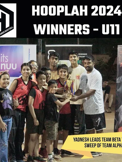 The youngest champions of Hooplah '24. Team Beta celebrating their U-11 tournament win after a 3-0 sweep.