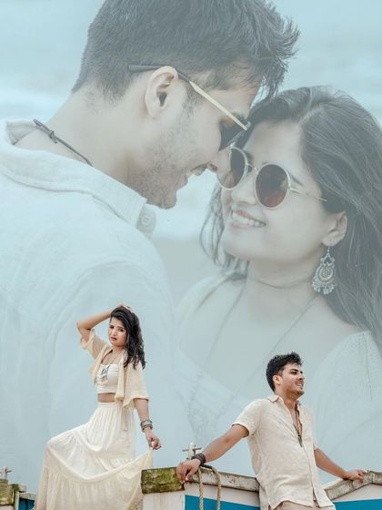 A collage of romantic moments from a Goa beach shoot. This composition blends close-up portraits with wider shots, capturing the couple's loving interactions and the relaxed coastal vibe.