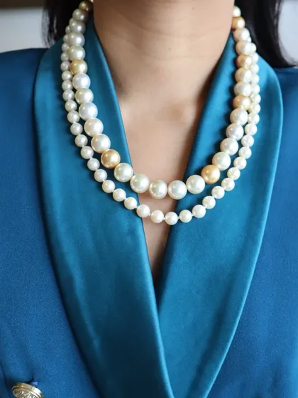 A close-up of our layered Japanese cultured pearl necklace, showcasing the beautiful lustre and quality of our handpicked pearls.