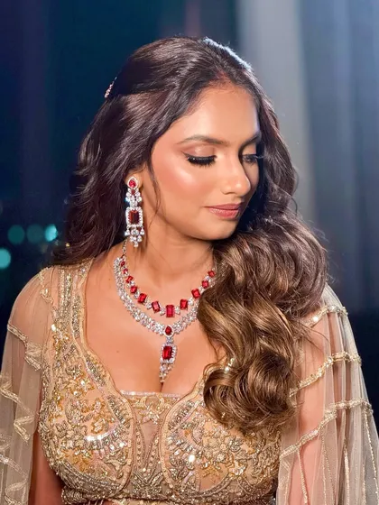 A close-up of the makeup, showing the defined eyes and the perfectly contoured features.