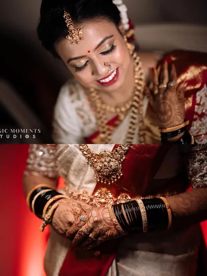 A collage focusing on the bride's details. The close up on her hands shows the intricate mehandi and traditional black bangles.