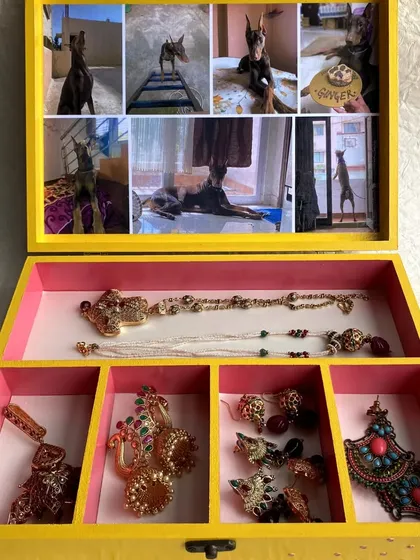 This custom jewelry box was a special wedding gift, personalized with a collage of the bride's beloved pet, Ginger. I love creating these organizer boxes because they hold not just jewelry, but precious memories too.