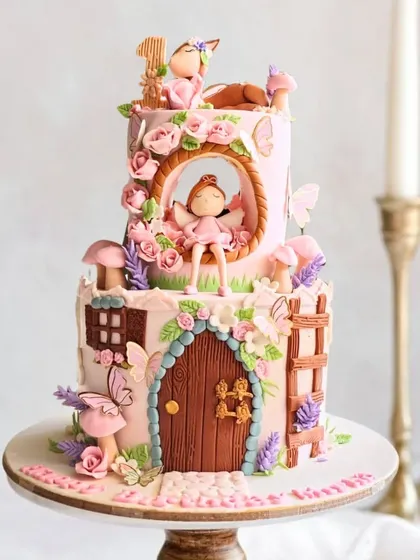 A magical two-tier fairy house cake, with incredible details like a wooden door, windows, and tiny fairies.