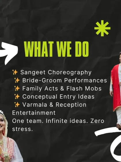 We offer a complete range of choreography services to make your wedding unforgettable. From Sangeet performances and family flash mobs to conceptual entries and Varmala acts, our team handles it all with zero stress for you.
