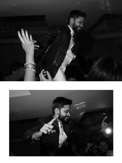 A fun, candid black and white collage of the groom dancing and celebrating at the reception.