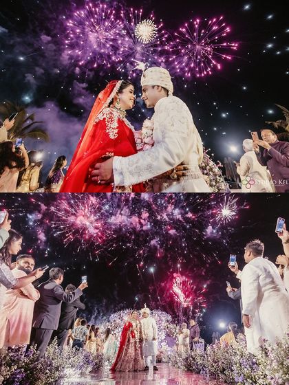 A collage showing the couple's magical Varmala moment under a sky filled with purple and pink fireworks in Thailand.